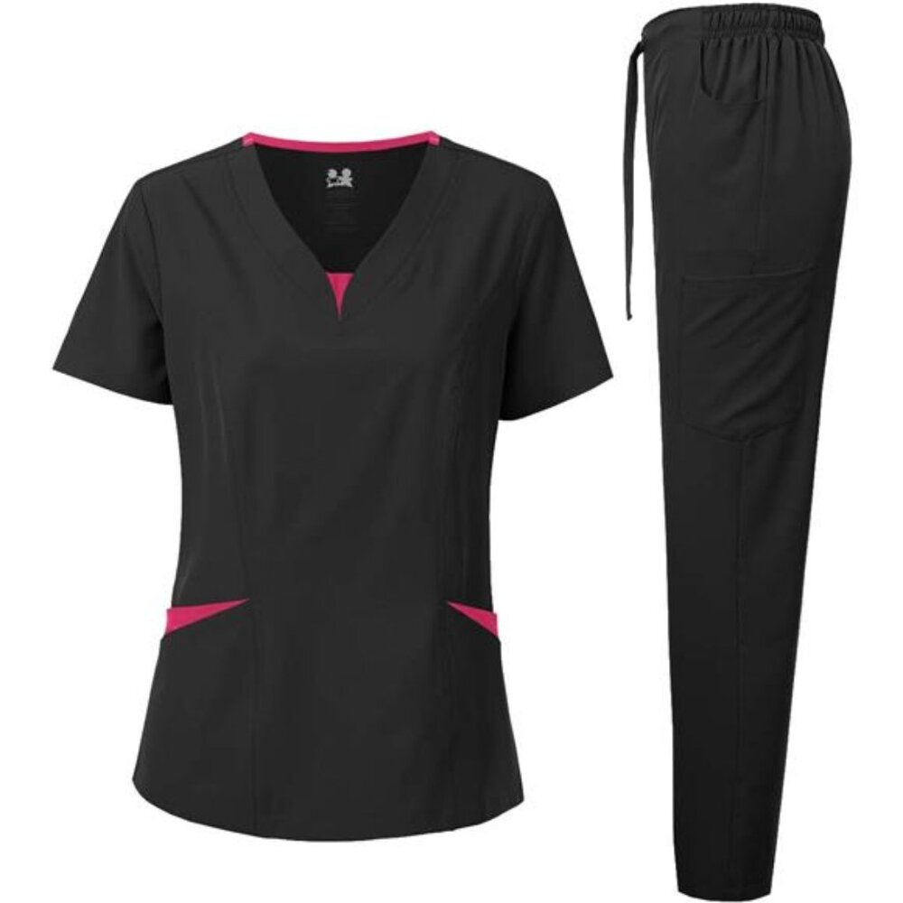 Scrubs for Women Set – 4-Way Stretch Contrast V-NeckTop & Pants Sets - 9 Pockets